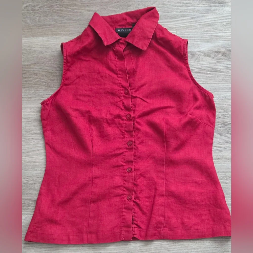 Red 100% Linen Sleeveless Button Front Blouse Size S - Picture 3 of 7